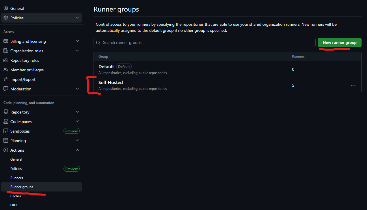 GitHub Actions runner groups showing a Self-Hosted group with five runners
