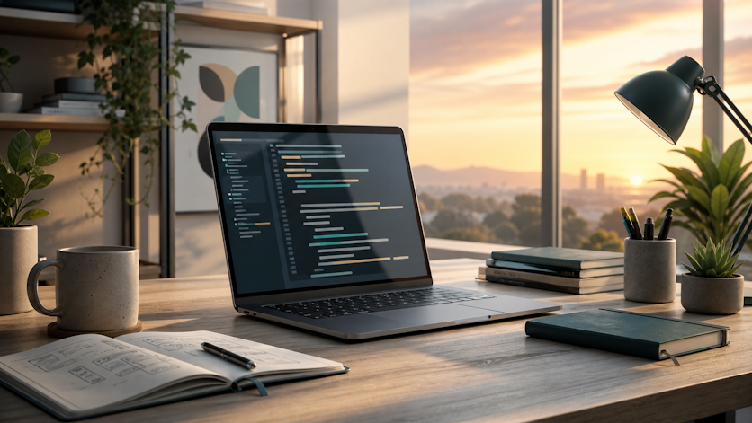 Developer workspace at sunrise